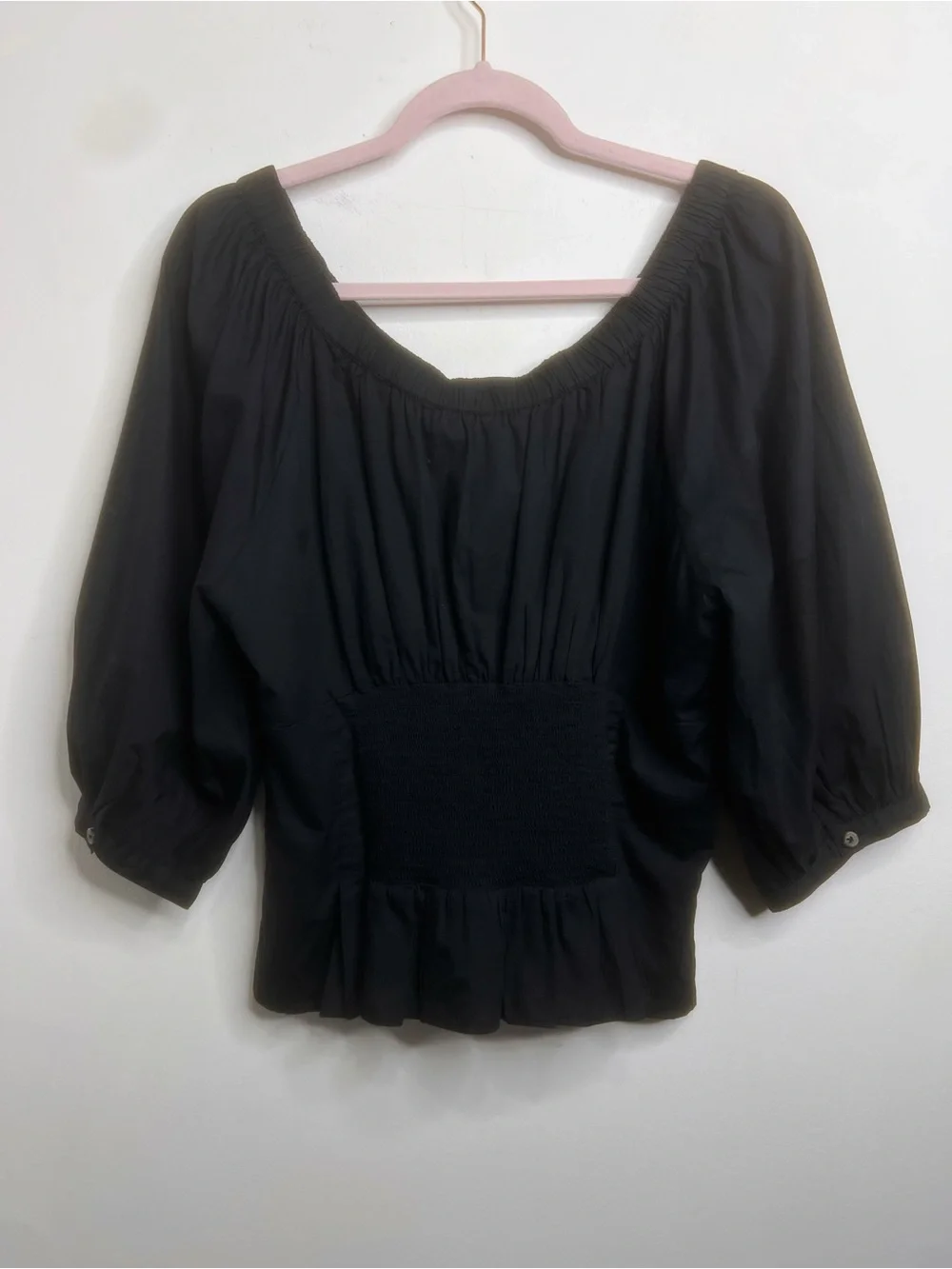 Free People Smocked Teagan Top Puff Sleeves in Black NWT Size Large